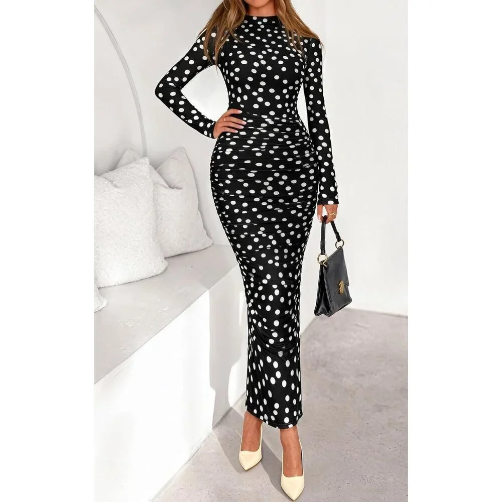Women's Polka Dot Black Long Sleeve Spring Ruched Bodycon Floral Mesh Maxi Dress